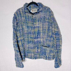 World Folk Art Blue Green Textured Wool Zip Front Light Jacket L